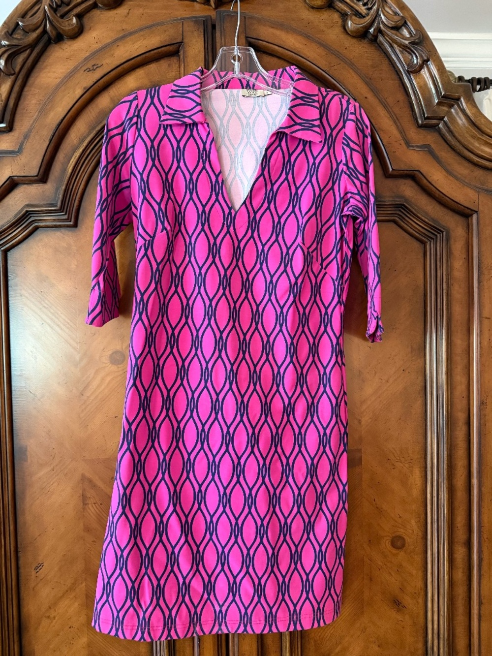 Katherine Way V-Neck Mini Dress Hot Pink & Blue Nylon Blend Size Small